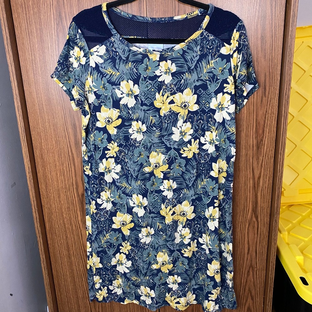 Sunday Floral Mesh Yoke Dress Women Size M Blue Tropical Short Sleeve